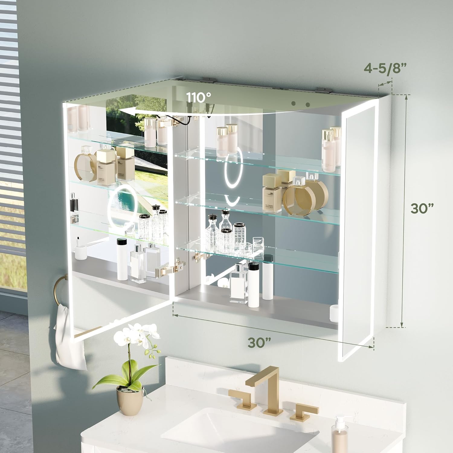 WELLFOR 30" X 30" Medicine Cabinet with Lights, 3X Magnification, Anti-Fog Mirrored Cabinet, Bathroom Vanity Medicine Cabinet with Outlets & USB Ports, Double Doors