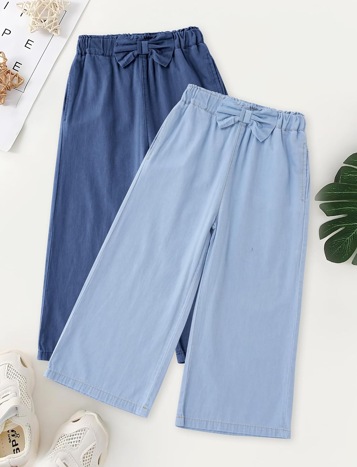 Happy Cherry Girls Elastic Waist Thin Cotton Denim Pants Wide Leg Baggy Trousers Cute Summer Straight Cropped Pant 2-10
