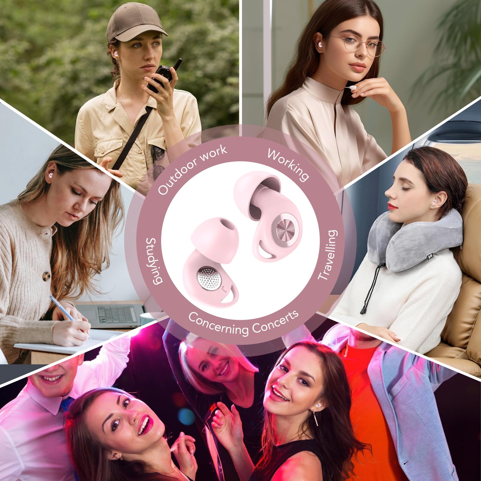 Tapones Oidos Ruido Dormir,45dB Tapones Oidos Cancelacion de Ruido Protección Auditiva para Dormir/Concentración/Conciertos, con 8 Reutilizable Puntas(XS/S/M/L) y Estuche, Rosa