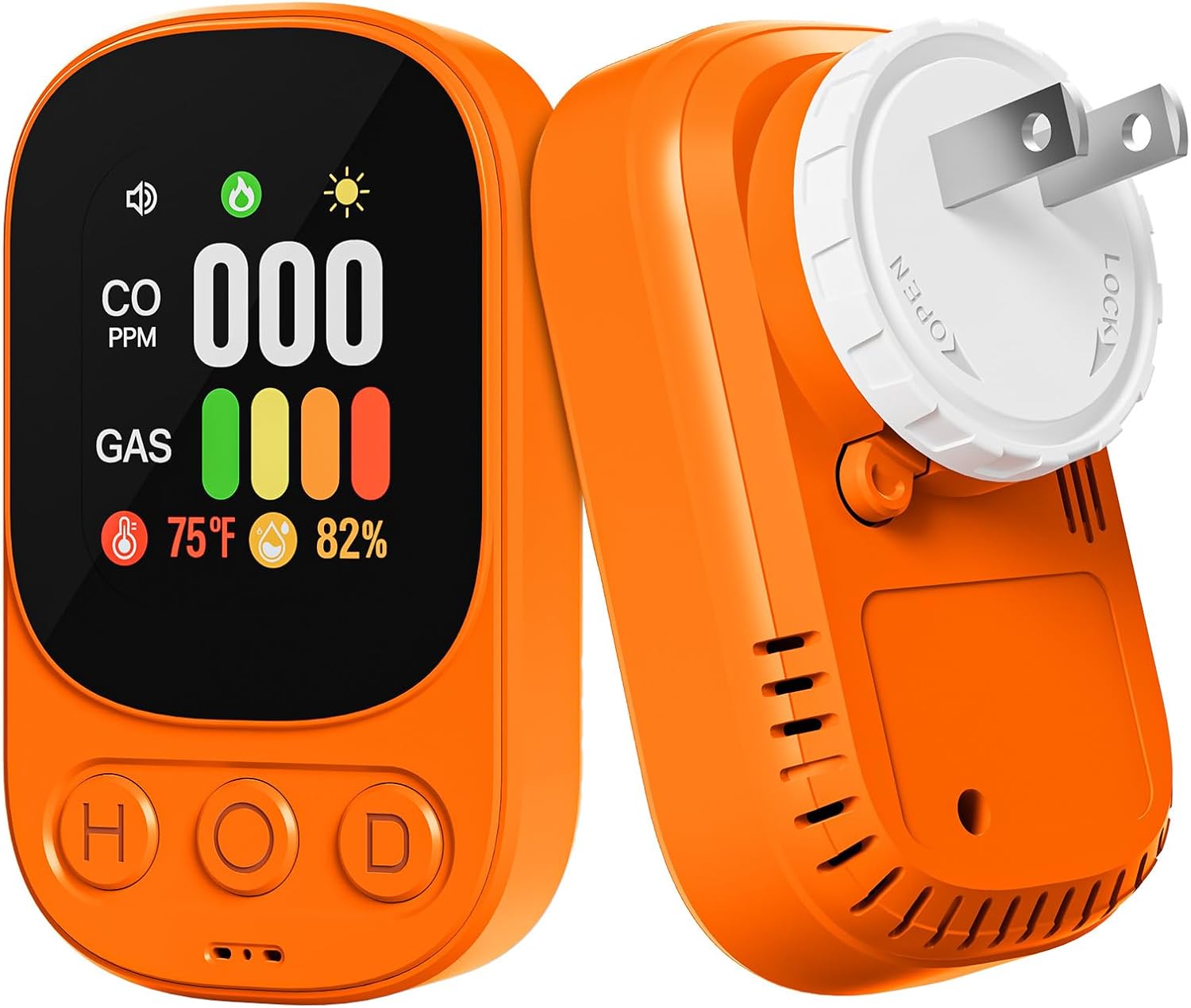 1-Pack 4-in-1 Carbon Monoxide Detector Plug in – Real-Time Gas, Temp & Humidity Detection, Clear Alerts, Compact Design Orange
