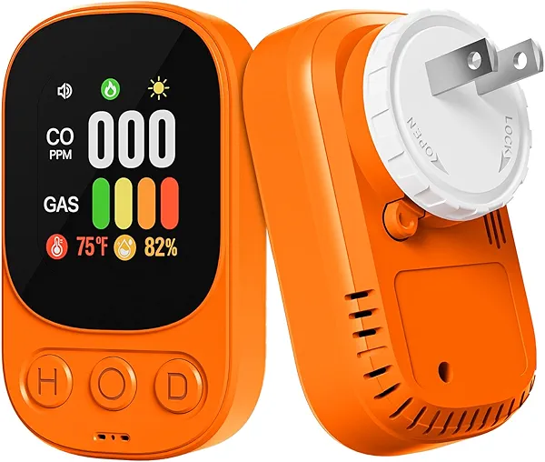 1-Pack 4-in-1 Carbon Monoxide Detector Plug in - Real-Time Gas, Temp & Humidity Detection, Clear Alerts, Compact Design Orange