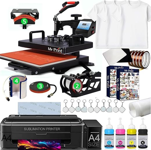 Complete Sublimation Printing Business Setup | T-Shirt &amp; Mug Printing Machine | Heat Press 5 in 1 + Printer + Ink + Paper...