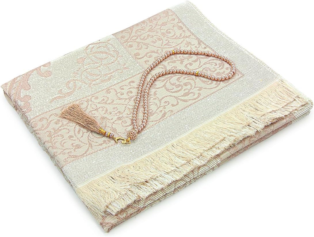 ihvan online Muslim Prayer Rug with 99 Beads Tasbih & Travel Bag, Soft Taffeta Sajadah, Lightweight & Foldable Janamaz, Portable Prayer Mat, Islamic Gift for Eid, Ramadan, Hajj & Umrah, Gold - Image 4