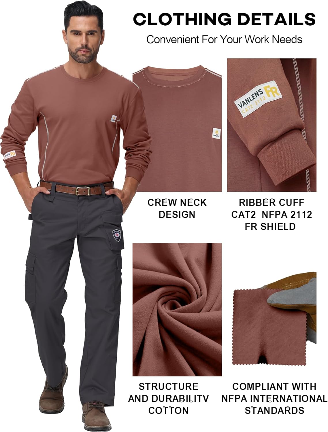 FR Shirts for Men CAT2/HRC2 6.5oz Lightweight Fire Resistant Shirts for Men Long Sleeve Crewneck T-Shirt - Image 4