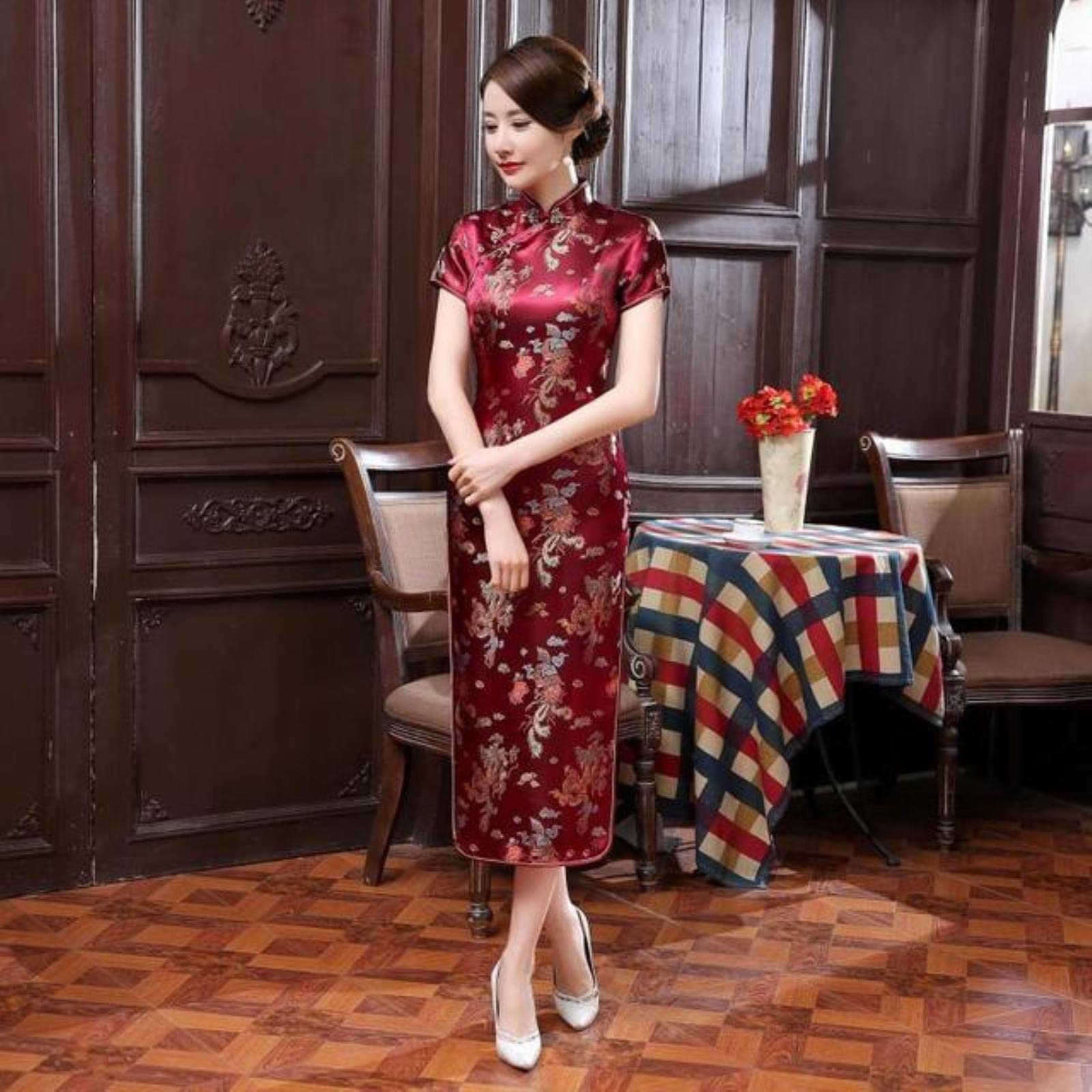 Navy Blue Chinese Traditional Dress Women Satin Qipao Dragon