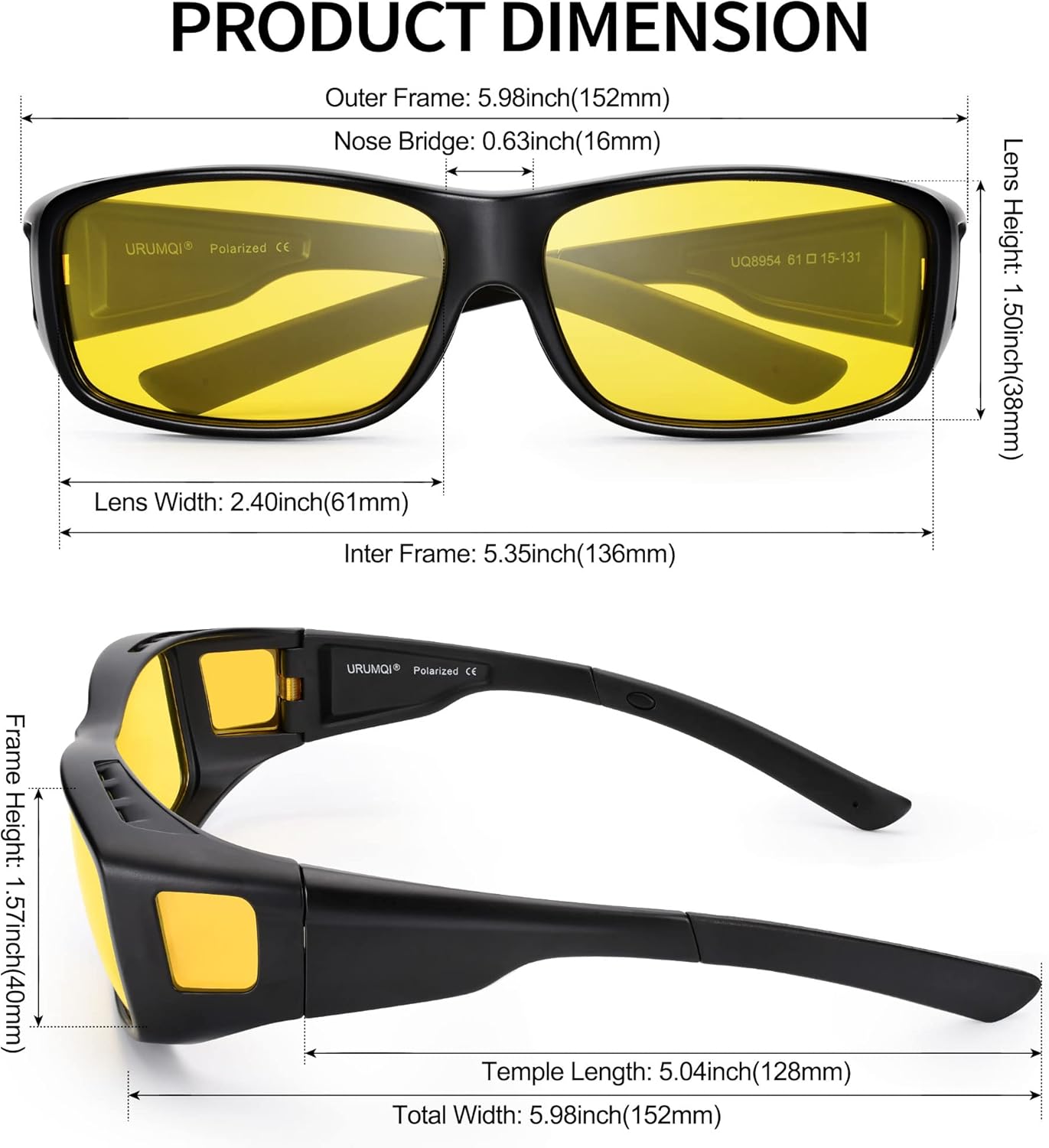 URUMQI Night Vision Driving Glasses Fit Over Eyeglasses for Men Women, Anti Glare Polarized Nighttime Glasses Yellow Lens - Image 2
