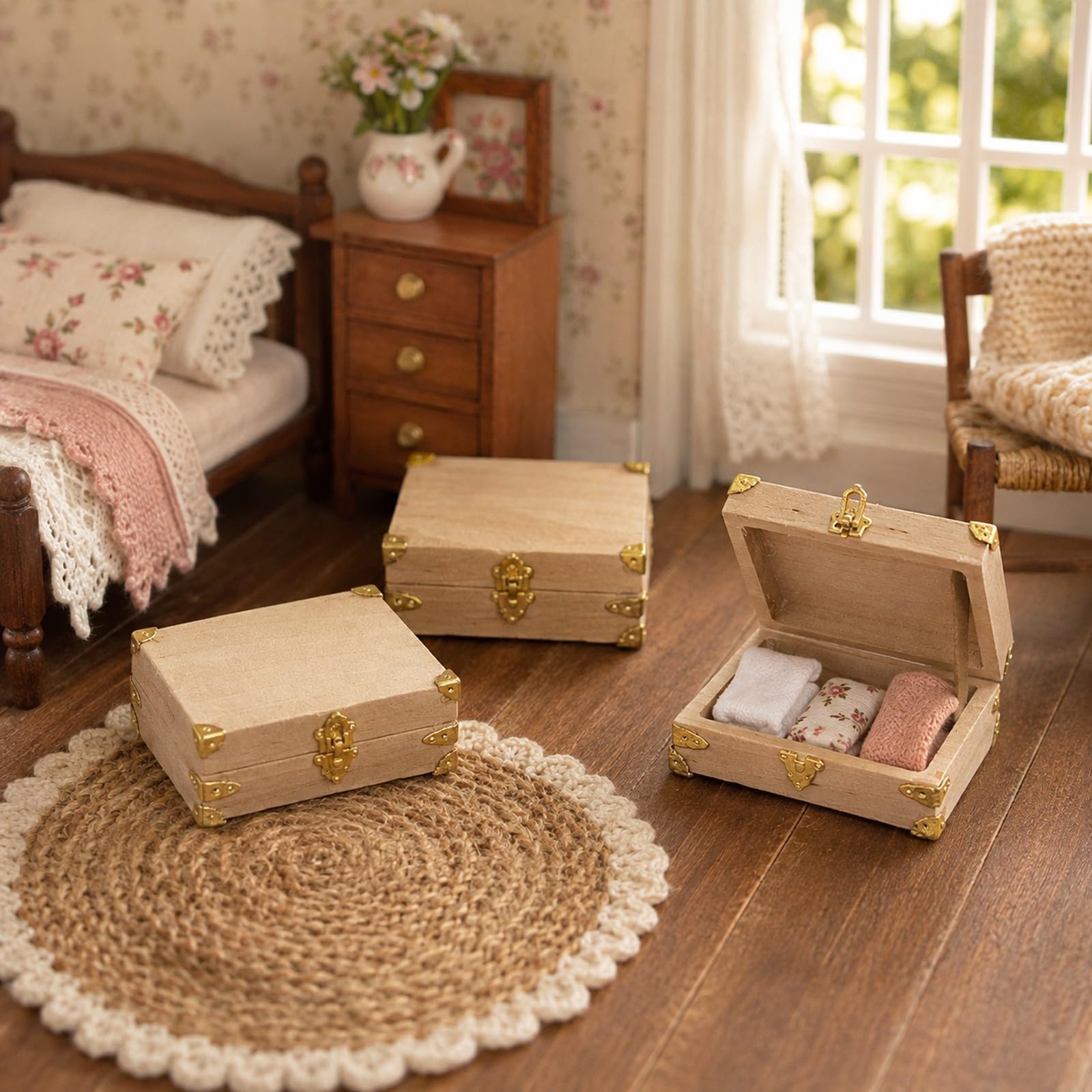 LOGOFUN 5PCS Dollhouse Miniatura Vintage Valigia In Legno Apribile Tronco Da Viaggio con Serratura In Metallo Piccolo Retro Storage Box per Viaggio Scena Accessori