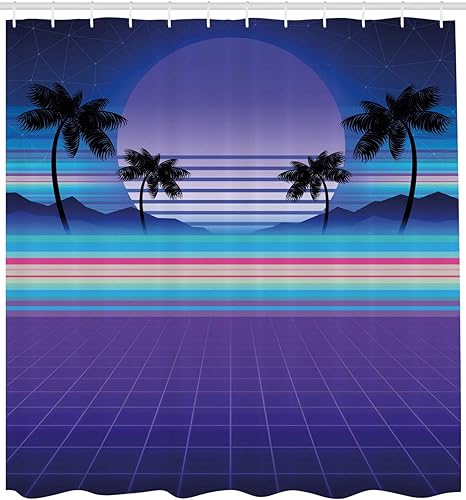 Miniatura 2 de Ambesonne Synthwave Shower Curtain, Retrowave Design of Colorful Funky Stripes and Palms Galactic Moon, Cloth Fabric Bathroom Decor Set with Hooks,