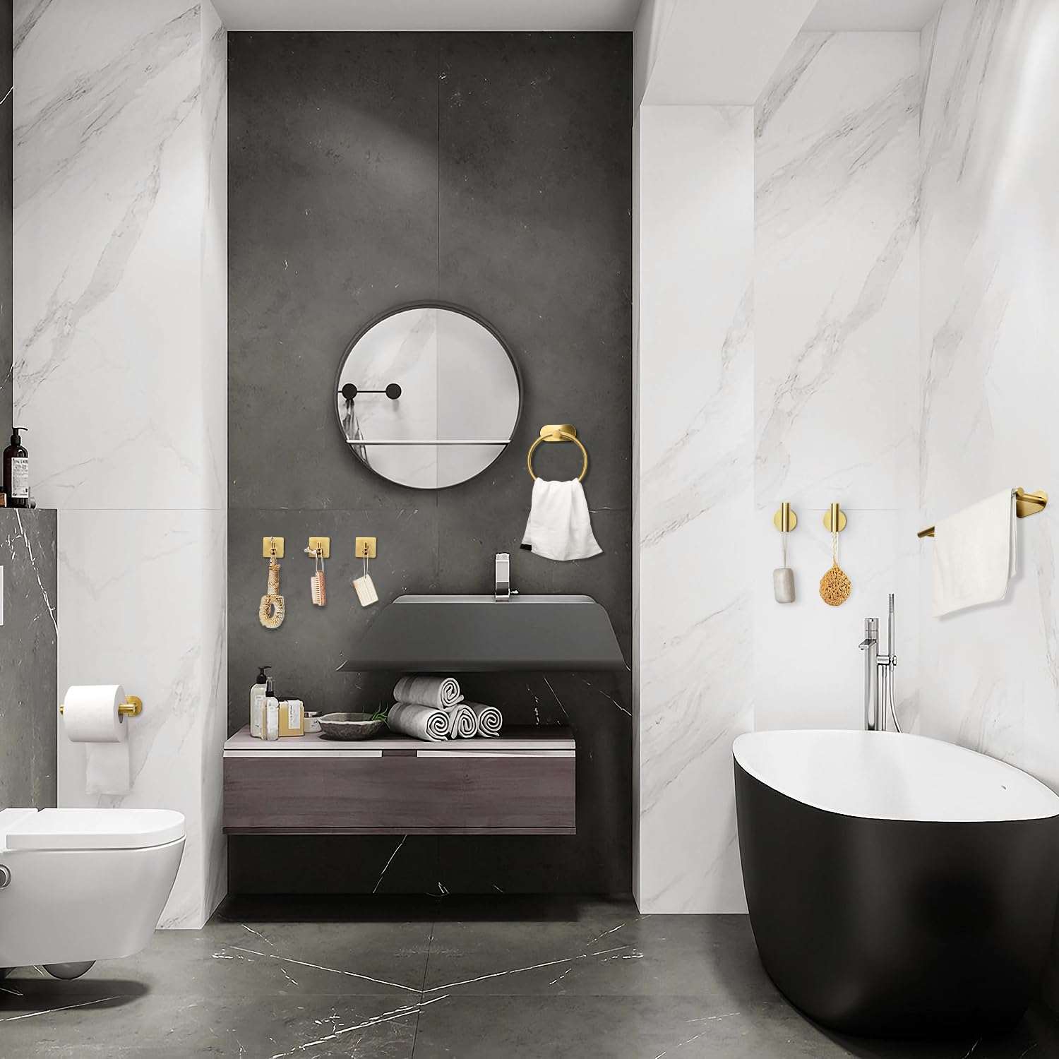 Set Porta Asciugamano 8 Pezzi Portasciugamani Porta Carta Igienica Anello Asciugamano 5 Gancio Set da Bagno Autoadesivo in Acciaio Inox Porta Asciugamani Appeso a Parete Bagno Cucina(Oro)