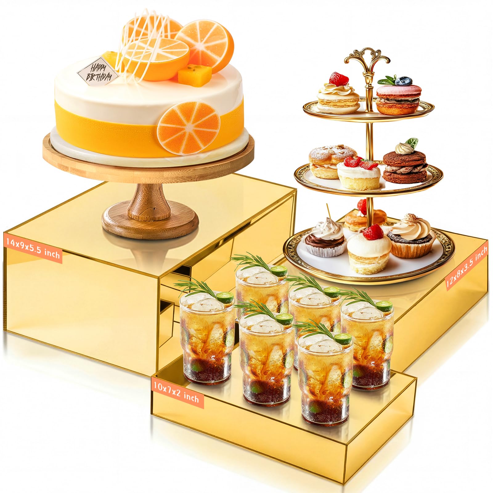 Photo 1 of BrightRow 3 Pack Extra Large Acrylic Buffet Risers - 14”, 12”, 10” Gold Display Stands with Hollow Bottoms, Cube Riser Boxes Nesting for Dessert Food Catering Buffet Display Party Supplies