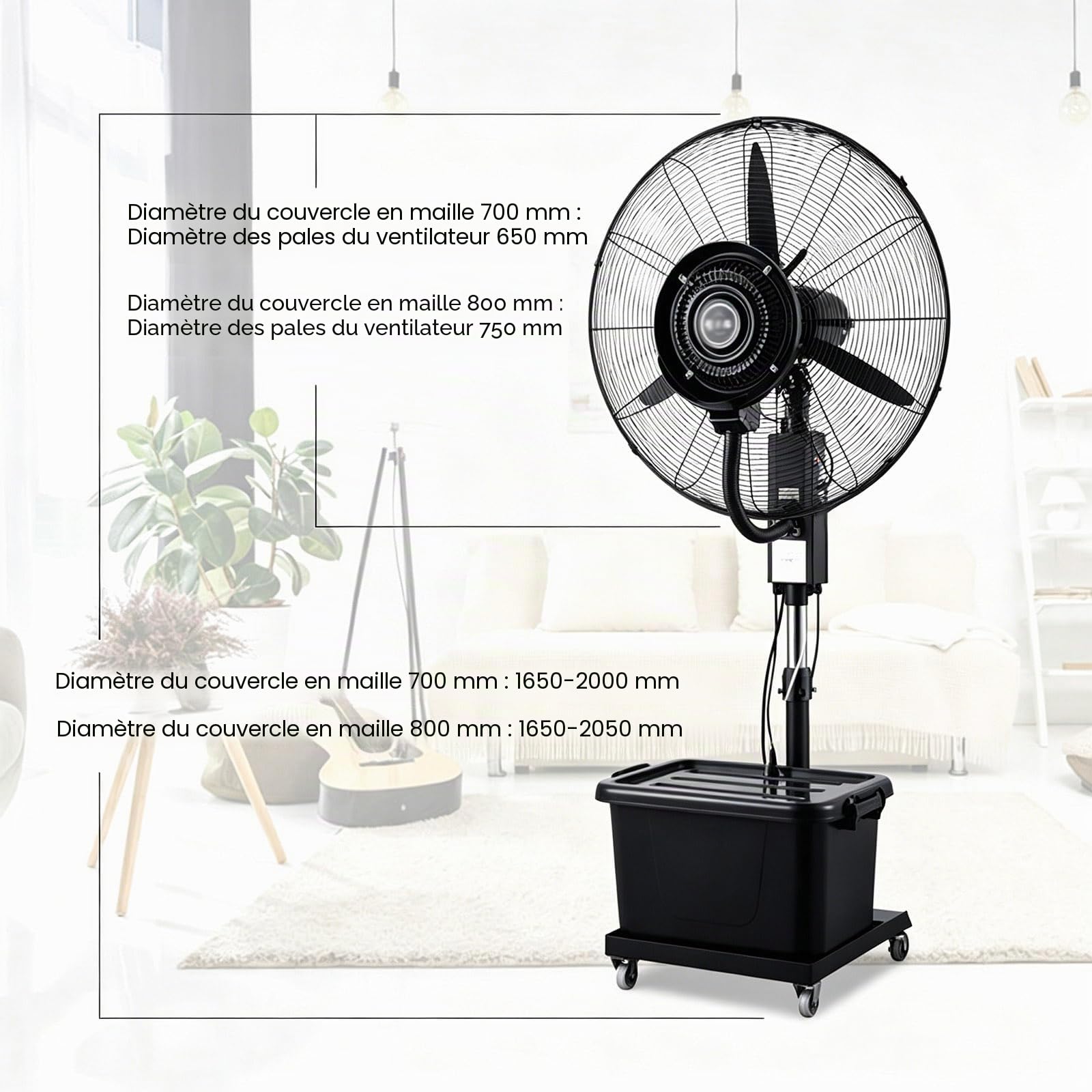 Ventilateur brumisateur commercial, réservoir extra-large 42L, oscillation 90°, ventilateur haute performance pour chantiers et usage intensif