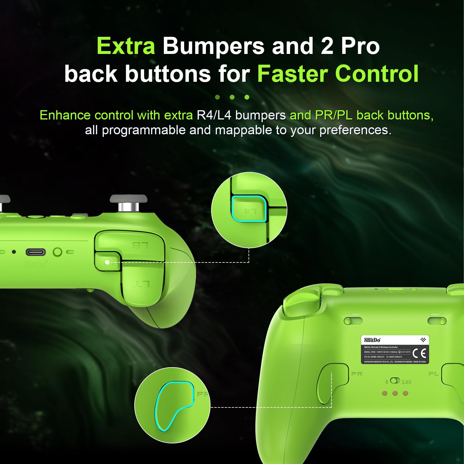 8Bitdo Ultimate 2 Mando Inalámbrico para Windows/Android/Steam (Verde) | Joysticks TMR, 1000Hz Polling Rate, Gatillos Táctiles/Hall, Botones Programables L4/R4 y 2 Traseros, Batería 1000mAh