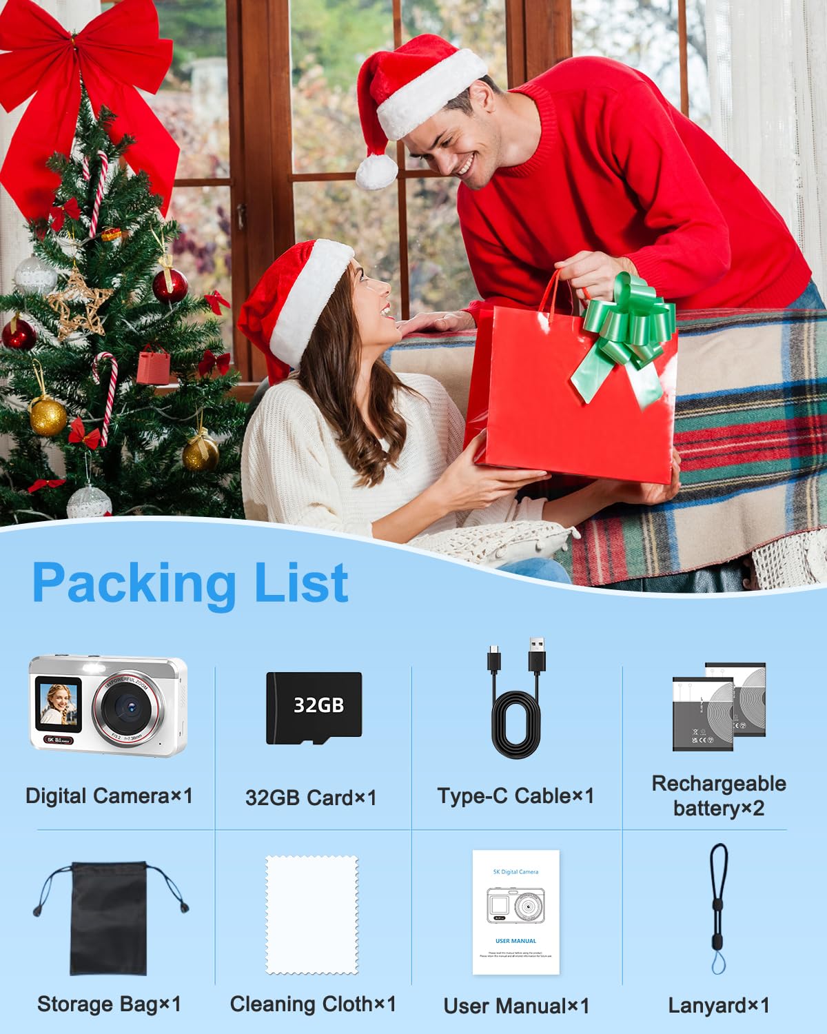 Digital Camera, 5K Vlogging Camera for Photography, 80MP Dual Screen Point and Shoot Digital Camera with Auto Focus, 18X Zoom, Flash, 2 Batteries, 32GB Card for Teens and Adults (White)