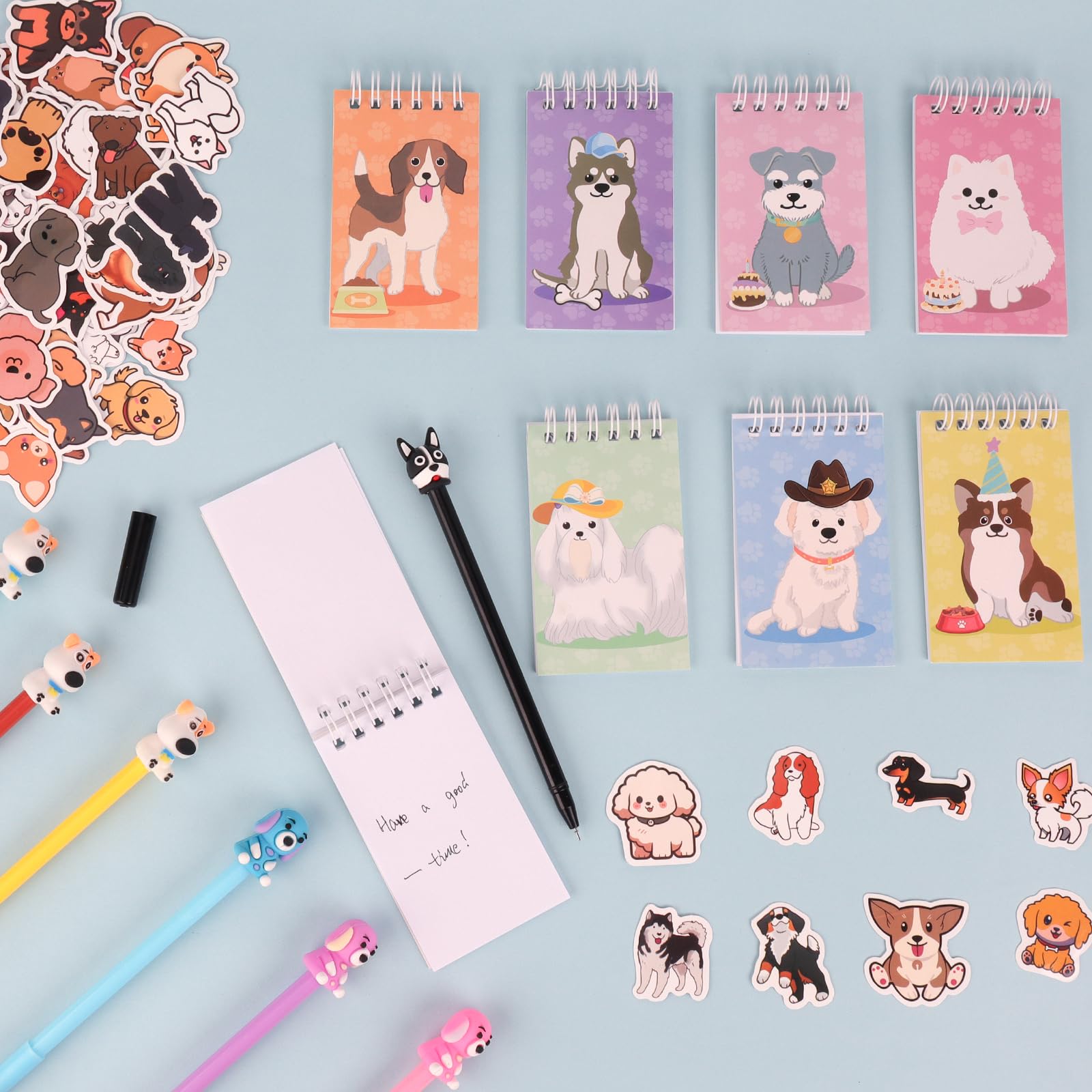 148 szt. upominki na imprezę dla psa, nadruk łapy, upominki na przyjęcie dla szczeniaka, z mini notebookami, długopisy, naklejki, torby na cukierki, artykuły na przyjęcie urodzinowe, klasa