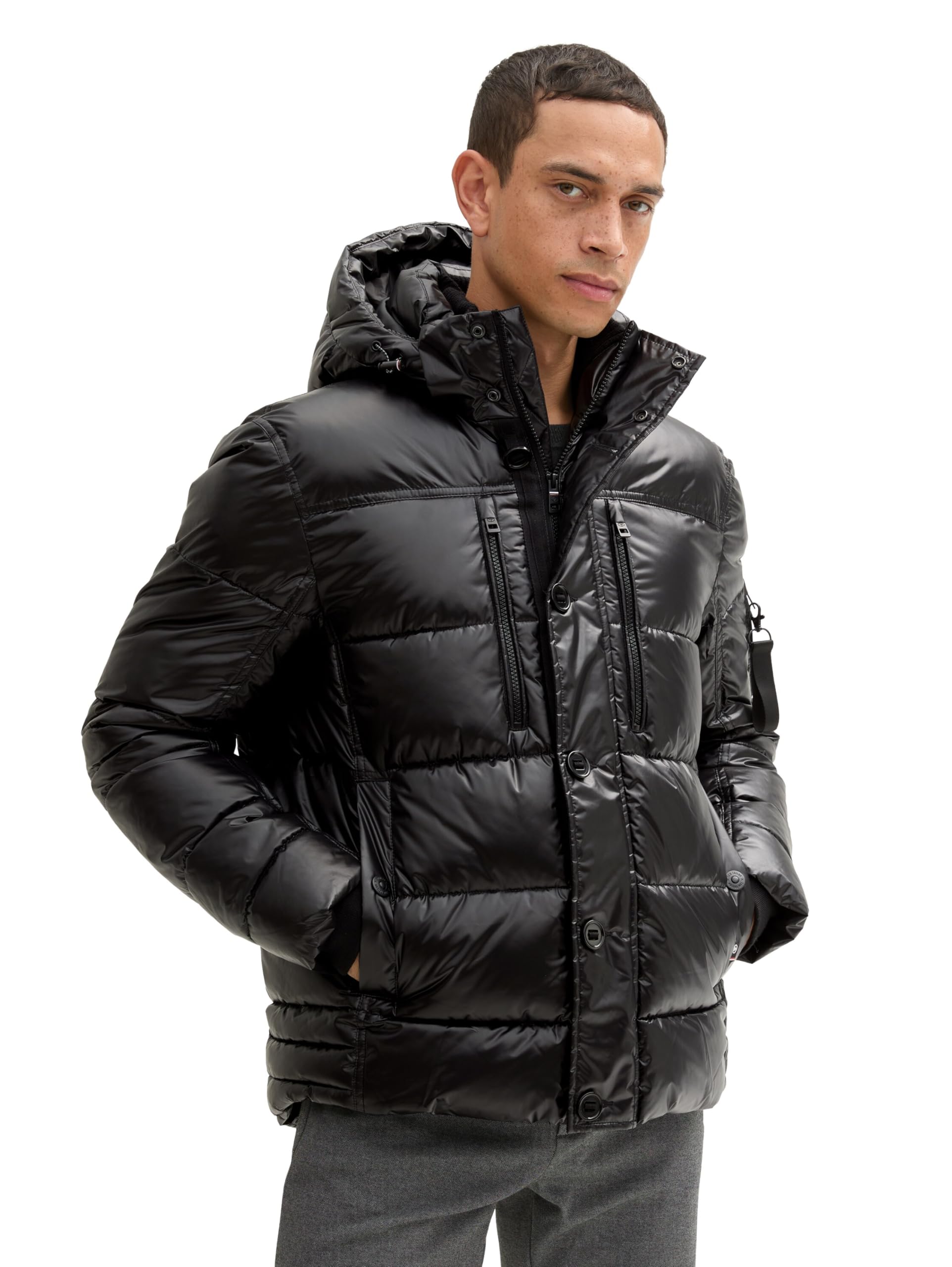Tom Tailor Herren Pufferjacke mit Abnehmbarer Kapuze,36459 - Shiny Black, XXL