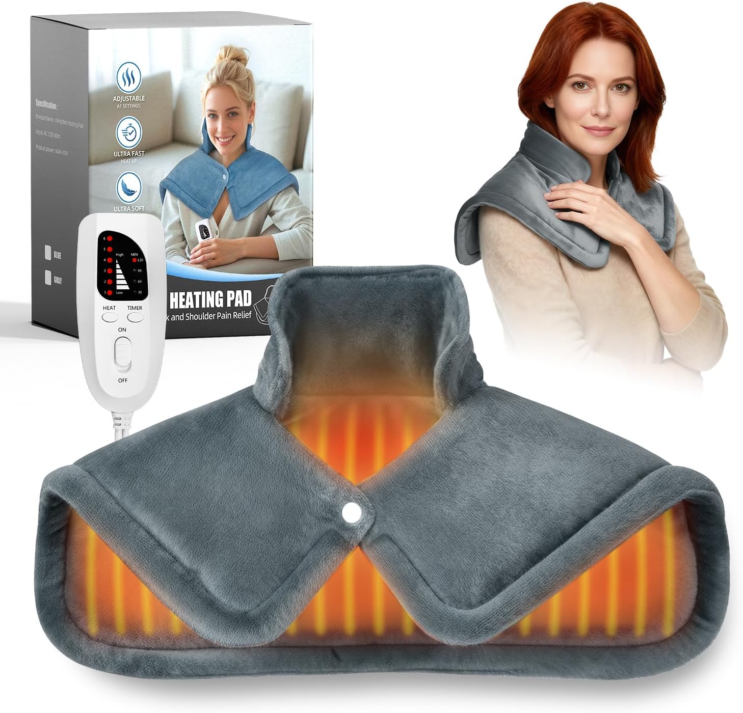 Weighted Heating Pad for Neck & Shoulders - 6 Heat Settings, 4 Timers, Auto Off - Electric Heating Pad for Back Pain Relief - Gift for Women/Men, Mom/Dad, Birthday, Christmas