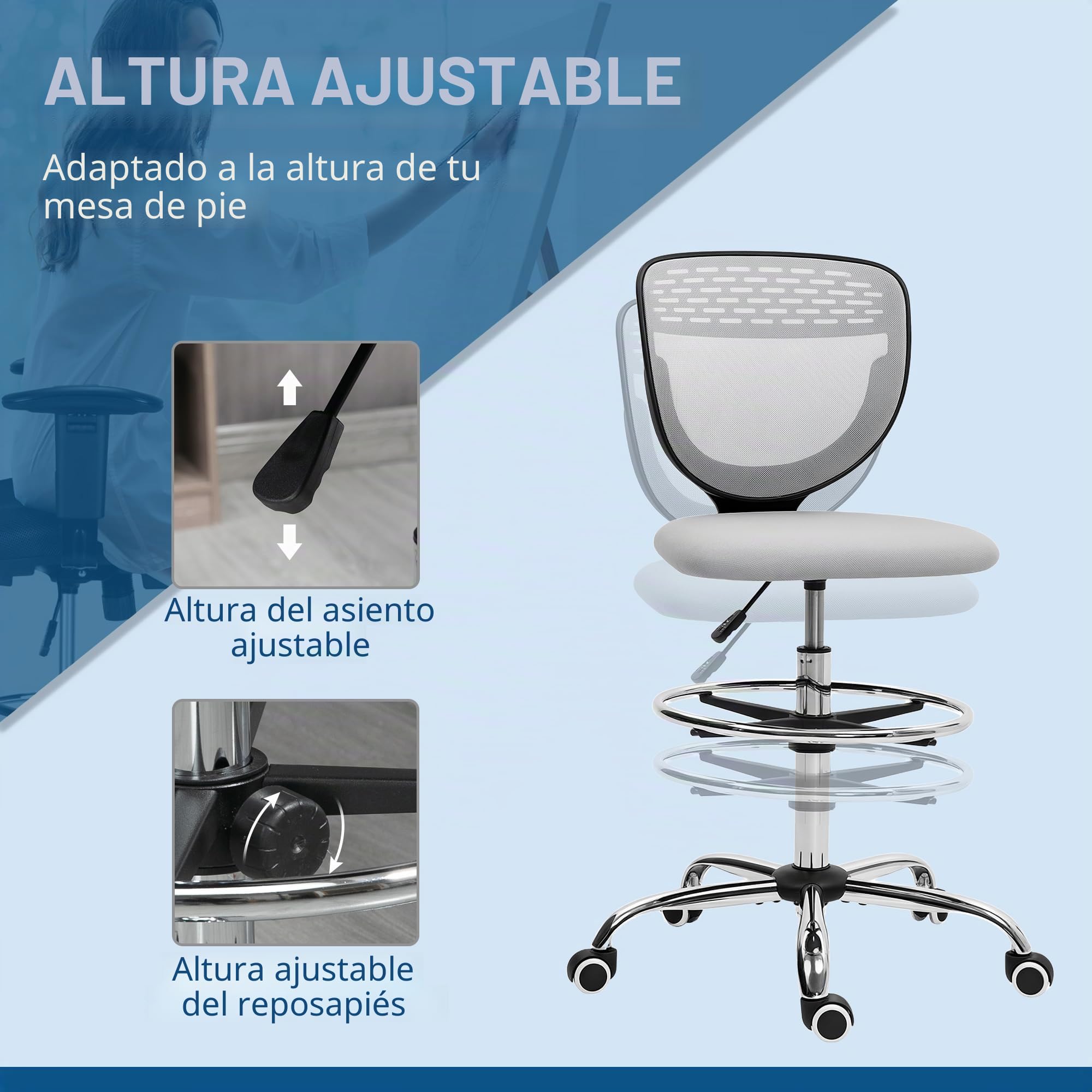 Vinsetto Silla de Oficina ergonómica Taburete de Oficina con reposapiés y sin reposabrazos, Silla de Dibujo de Respaldo Medio de Malla, Altura Ajustable, Asiento Acolchado y Giratorio 360° Gris Claro