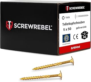 SCREW REBEL® Tellerkopfschrauben 5x50mm – [200 Stück], – Kraftsparend dank Reibteil & Cut-Spitze – selbstschneidend, TX25 Antrieb – Holzbauschrauben mit ETA-Zulassung – CrVI-frei & korrosionsbeständig