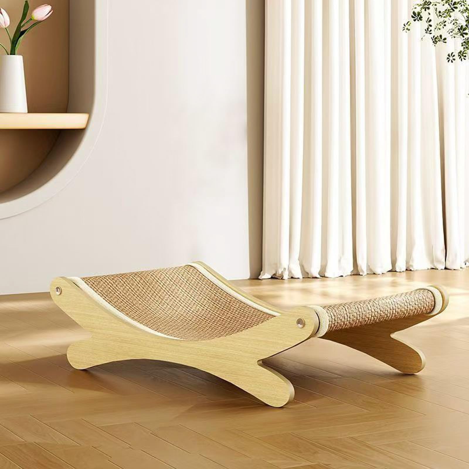 Lit 2-en-1 en sisal pour chat avec griffoir pour chats de grande taille - Hamac avec coussin en sisal, meuble en bois pour chat pour griffer et se reposer (Khaki 1 pièce)