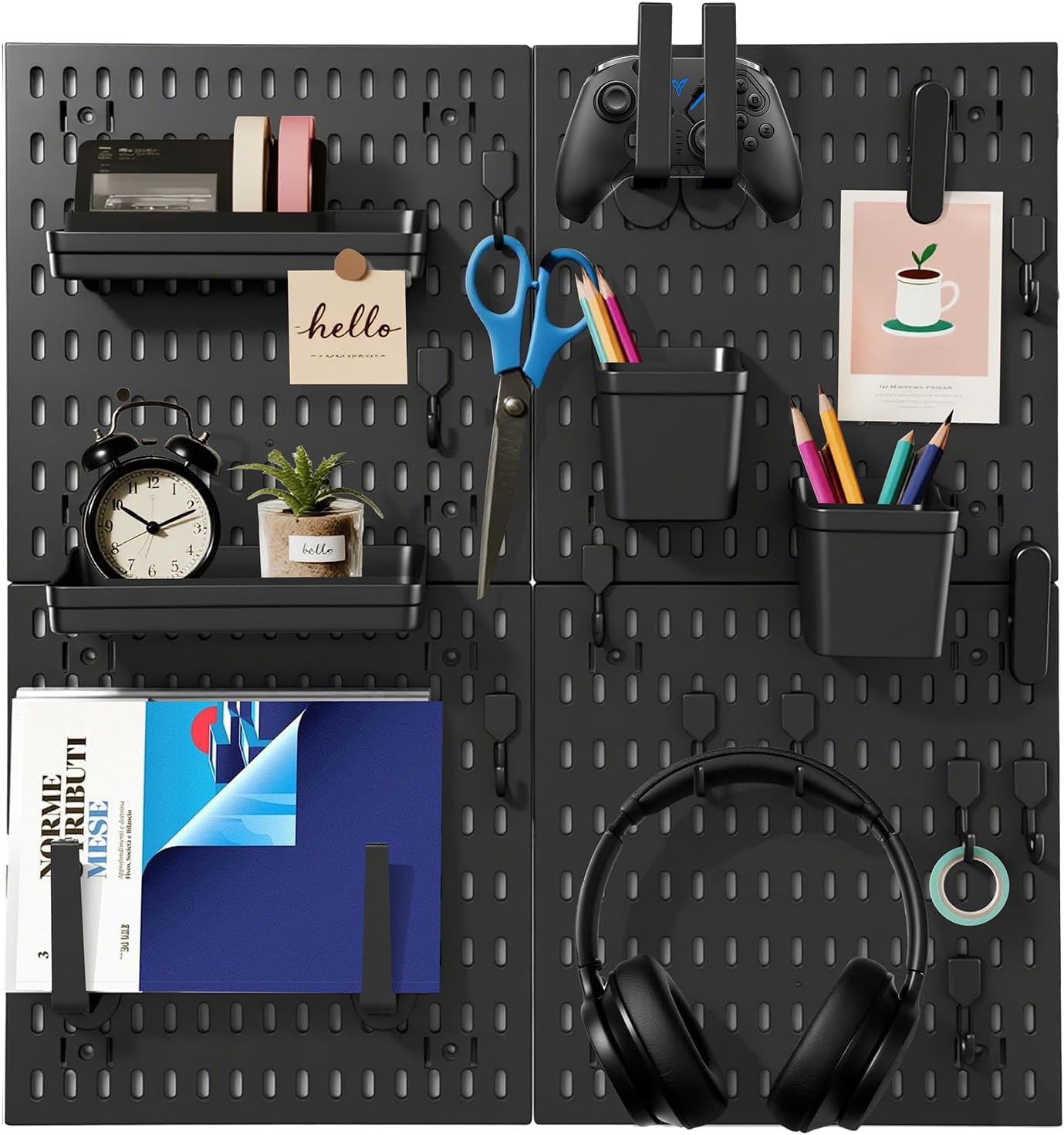 Pegboard Combination Kit, Modular White Pegboard Wall Organizer with 4 Pegboards & Accessories Hanging for Gaming Office Wall Storage Organizer, Crafts Displays (Black)