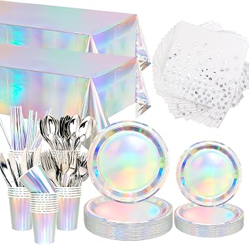 402 Pcs Iridescent Party Decorations, Shiny Birthday Party Tableware Supplies including Plates, Cup, Napkins, Straws, Forks, Knives, Spoons Iridescent Foil Tablecloths - Serves 50