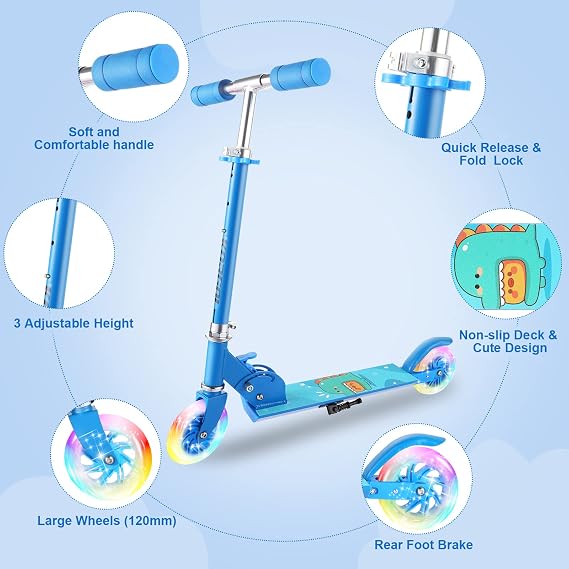Scooter for Kids Ages 3-12 - Kids Kick Scooters with Led Light Up Wheels & 3 Levels Adjustable Handlebar, Lightweight Foldable 2 Wheel Girly Pink Scooter Christmas Birthday for Girls Boys.