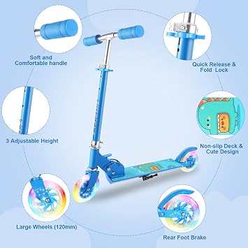 Scooter for Kids Ages 3-12 - Kids Kick Scooters with Led Light Up Wheels & 3 Levels Adjustable Handlebar, Lightweight Foldable 2 Wheel Girly Pink Scooter Christmas Birthday for Girls Boys.