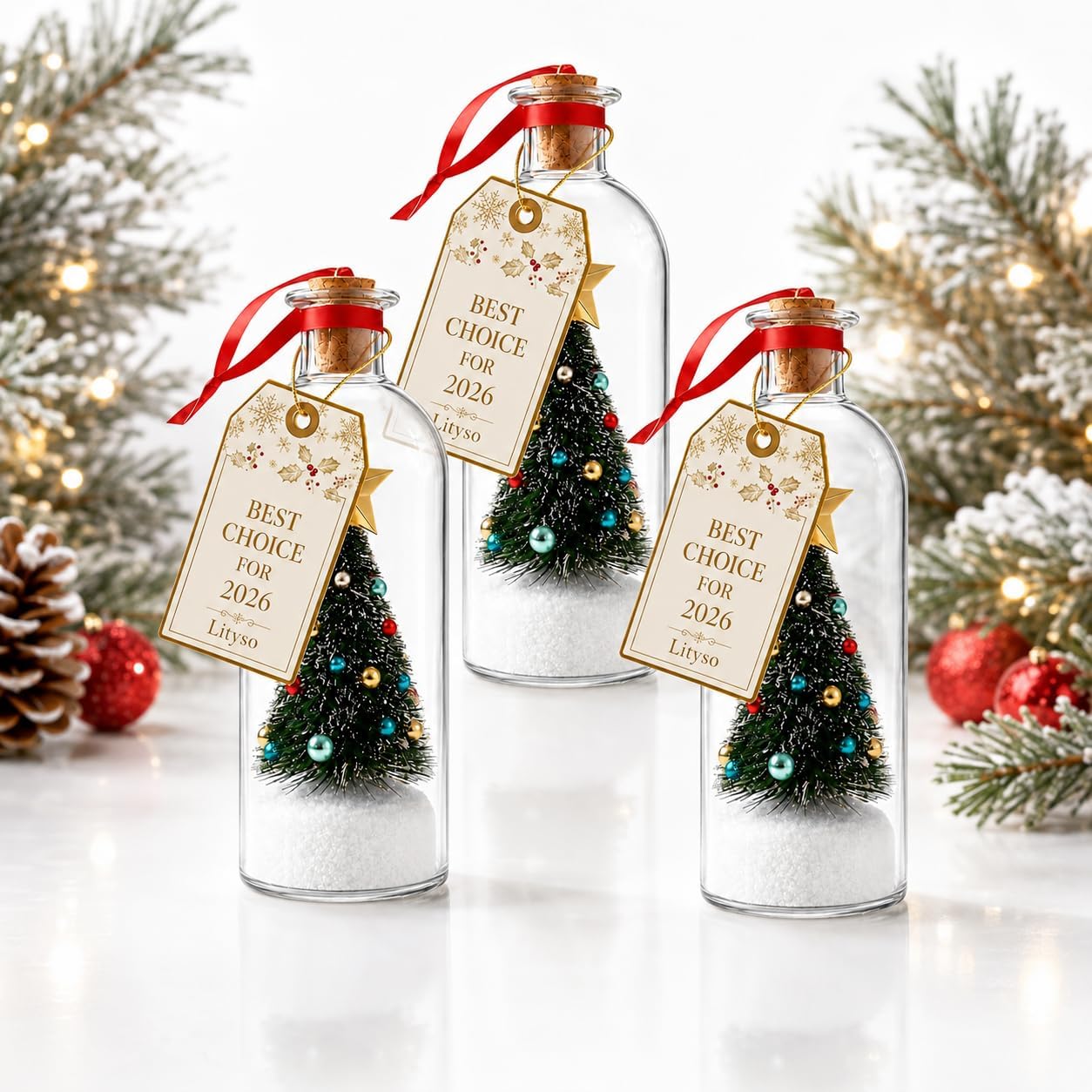 Christmas Tree Message in a Bottle, Recordable Glass Voice Bottle with Nostalgic Snowy Scene Ornament, Playback Cork, Unique Holiday Keepsake & Festive Gift for Family (Blue 3Pc)