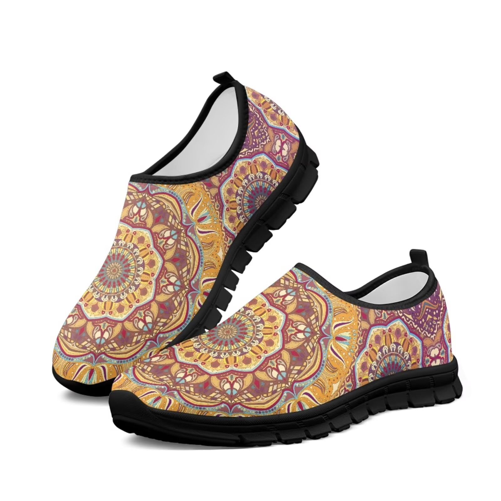 Howilath Yellow Boho Mandala Slip on Shoes for Men Anti-Skid Running Sneakers, Non-Slip Casual Loafers Sport Shoes for Travel Hiking Camping