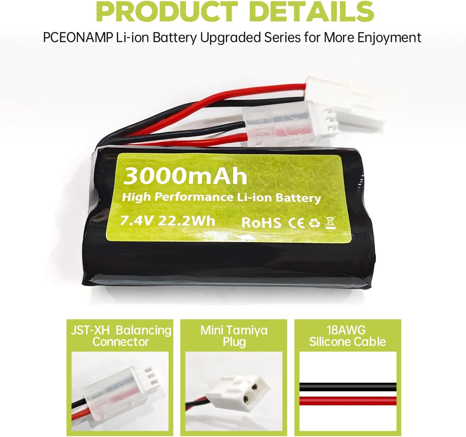 sea jump 2PCS 7.4V 3000mAh 15C 2S Li-ion Battery with Mini Tamiya Plug and 2in1 Charger Suitable for UDI009 UDI902 UDI002 AA102 feilun FT009 Remote Control Ship High-Speed Speedboat Model Battery