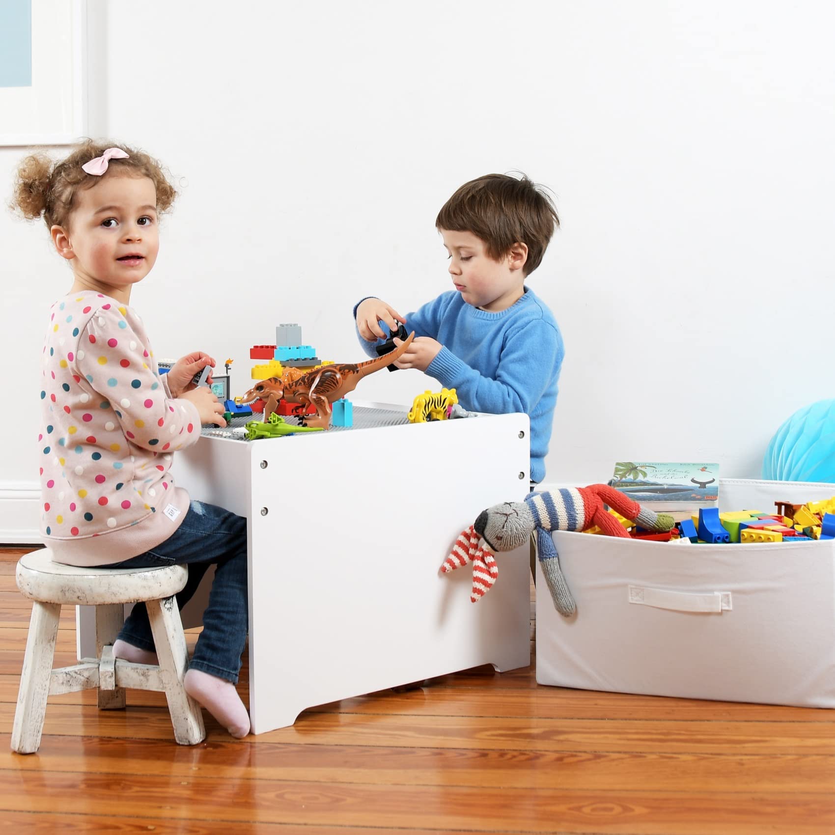 Legostein-Spieltisch, Kindertisch und Aufbewahrungsbox, 2in1 mit Grauer Bauplatte, Kindermöbel mit Stauraum