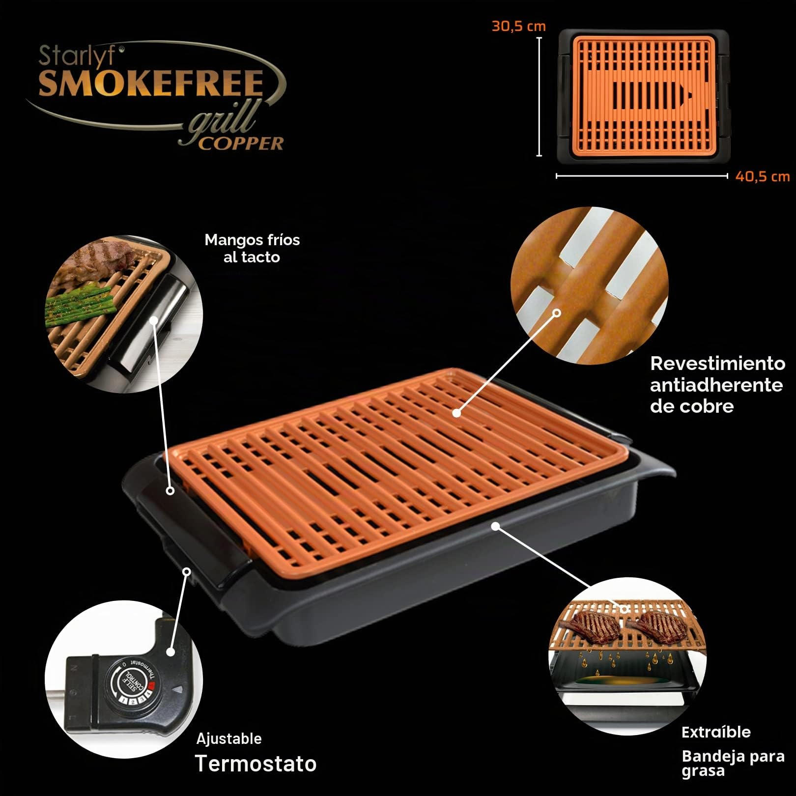 Barbacoa eléctrica STARLYF Smokefree Grill Copper - Sin Humo ni olores, Barbacoa con revestimiento de cobre antiadherente, 1250W, Termostato Ajustable