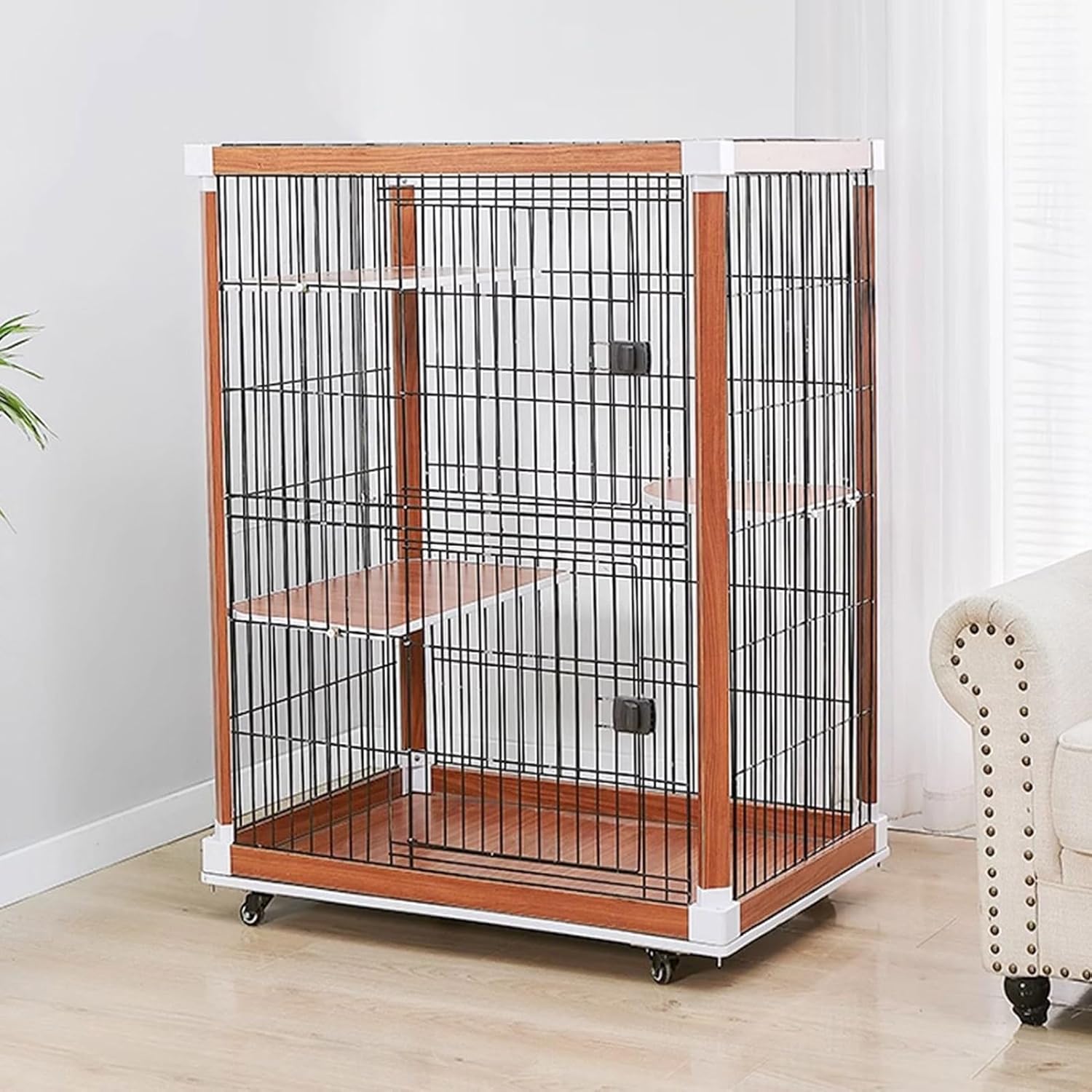 4-tier Cat Playpen, Large Cat Cage, Cat Enclosures, Wooden Frame, Iron Mesh, with Universal Wheels, Easy to Install, Pet Playpen, 39.3x27.5x47.2in(Walnut)