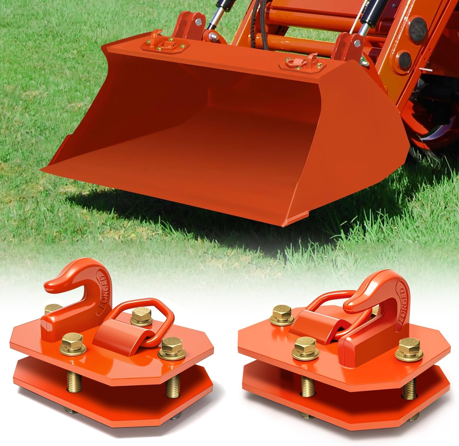 2 Pack 3/8" Tractor Bucket Hooks with D Ring, Grade 70 Forged Steel Bolt On Grab Hook for Tractor Bucket Compatible with Kubota, John Deere, Kiot, RV, UTV, Truck, Max 15,000 lbs,Orange