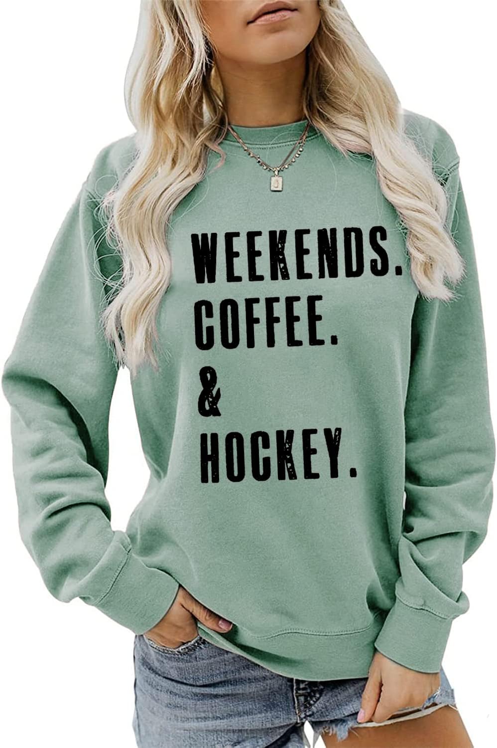 ARTECE Weekend Hockey Sweatshirt for Women – Coffee, Hockey Player & Mom Designs – Green Pullover Gift, Small Size