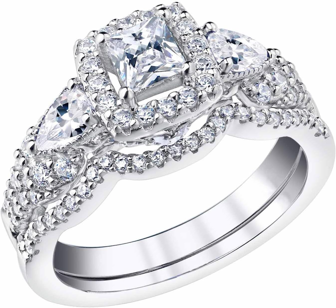 SHELOVES Moissanite Wedding Ring Set for Women Princess Cut Engagement Rings for Her D Color VVS1 White Gold Plated Silver
