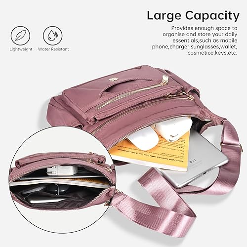 Miniatura 4 de Bolso de Mensajero para Mujer de Nylon Impermeable Bolso de Hombro Bandolera Ligero para Viaje con Múltiples Bolsillos