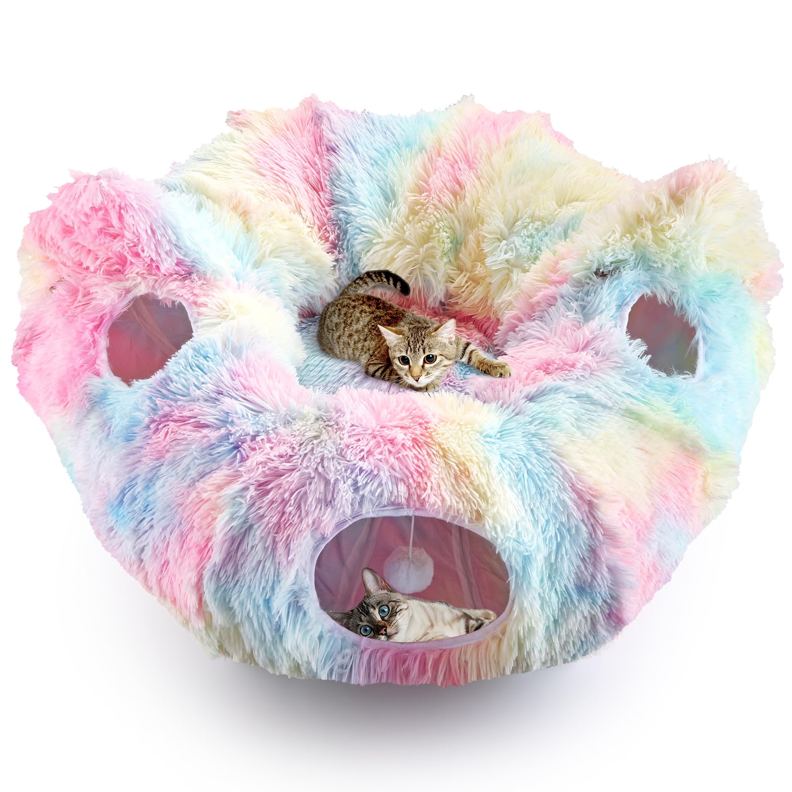 Maxetodo Rainbow Plush Foldable Cat Tunnel with Peek Holes & Washable Mat, Interactive Hideaway Toy for Indoor Cats Kittens