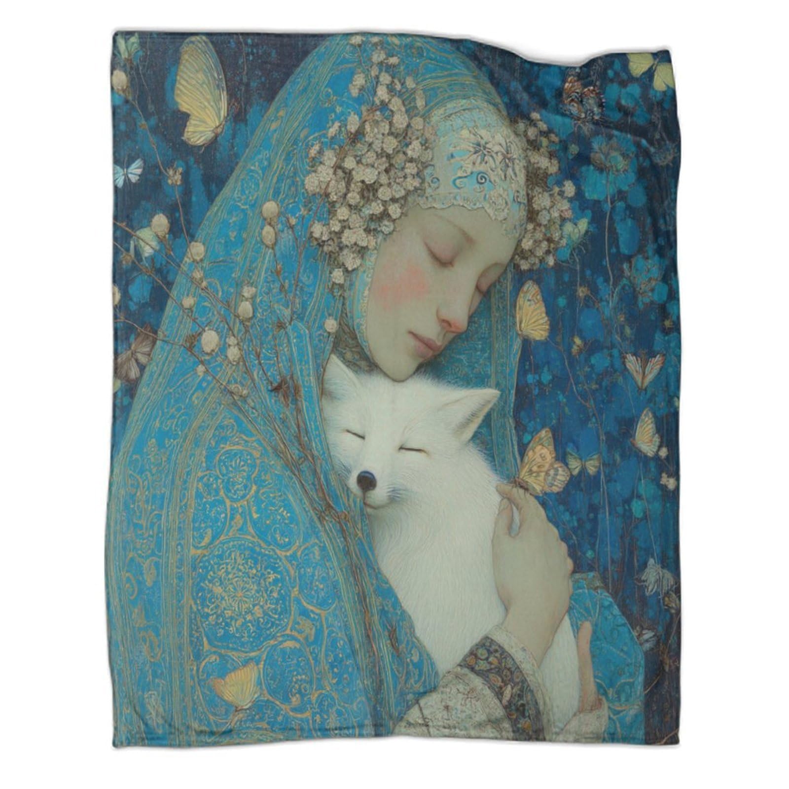 kaiyun White Fox And Indian Woman, Religious Painting Super Soft Blanket | Throws | Fluffy And Comfortable Travel Cover,60x80inch(150x200cm)