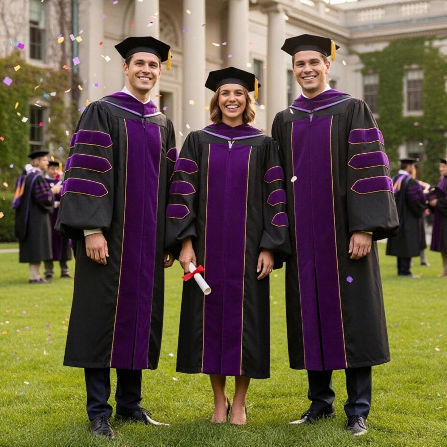 Unisex Deluxe Doctoral Graduation Gown Tam Hood with Gold Piping Doctoral Regalia