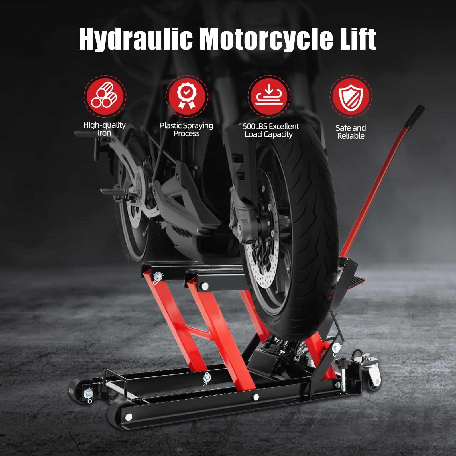 Motorradheber Hydraulisch 1500lbs/680kg – Motorrad-Lift mit 3-Fach Sicherheitsverriegelung, Rollen & Rutschfester Gummiauflage – für Werkstatt & Garage