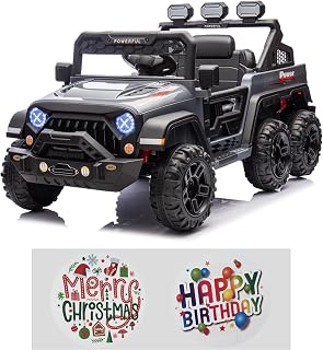 12V7AH Kids Ride On Truck with Parent Remote Control, 6 Wheels 4 Motors, DIY Stickers, Electric Car with Back Storage, LED Lights, Music Player, Spring Suspension, Openable Doors, Gunmetal Gray