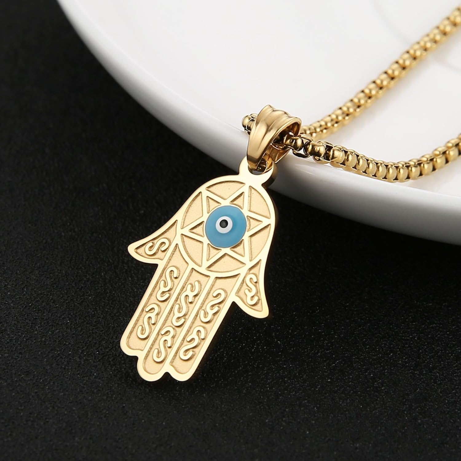 HZMAN Stainless Steel Hands of Fatima Necklace Solomon Hexagram Talisman Necklace with Blue Evil Eye - Image 3