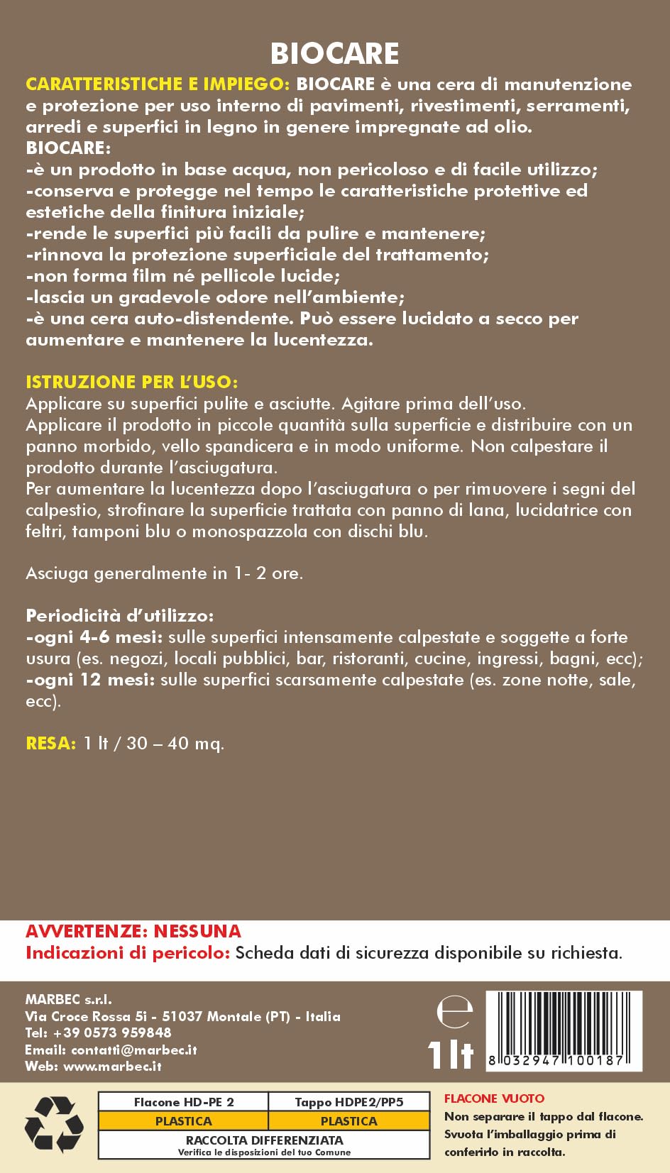 MARBEC BIOCARE 1LT Cera Protettiva e nutritiva per Pavimenti in Legno oliati