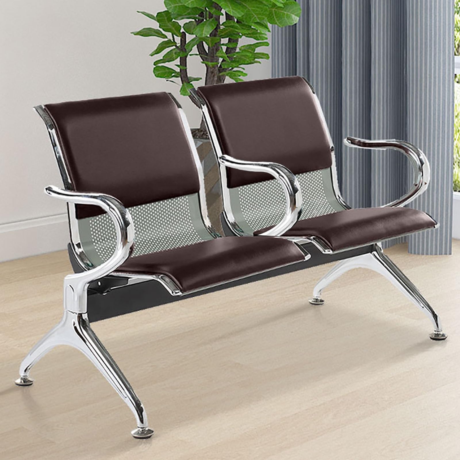 SaryEdge 2-Seat Bench Set with Armrests & Backrests, Durable Steel Frame Reception Chairs for Airport, Bank, School & Market Use,