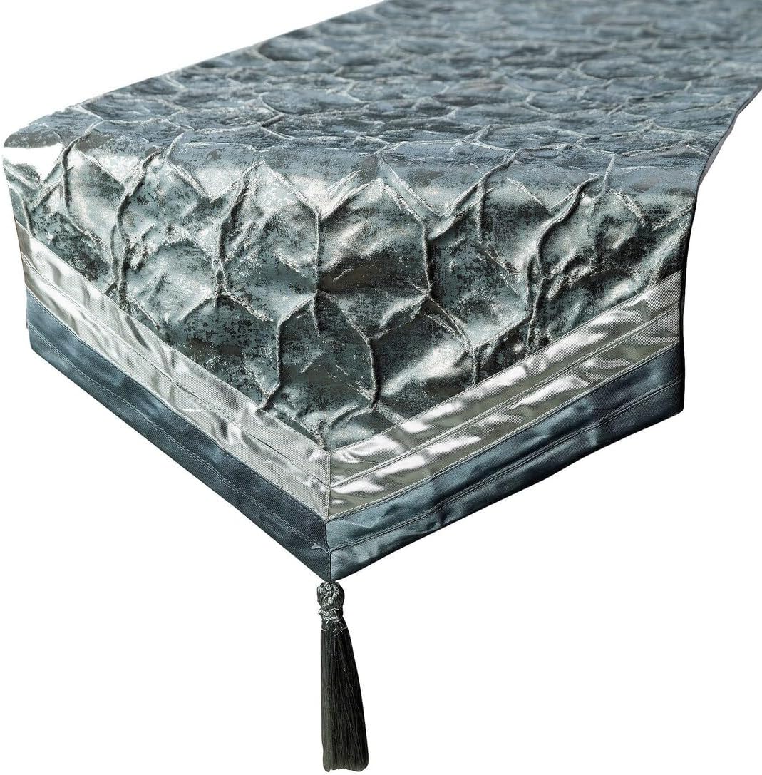 The HomeCentric Decorative Blue & Silver Table Runner 6 Seater Table Runner (14 x 72 inch), Beaded, Foil & Tassels Table Runner, Silk Fabric Table Linen, Geometric Pattern Modern - Hexagonal Foil