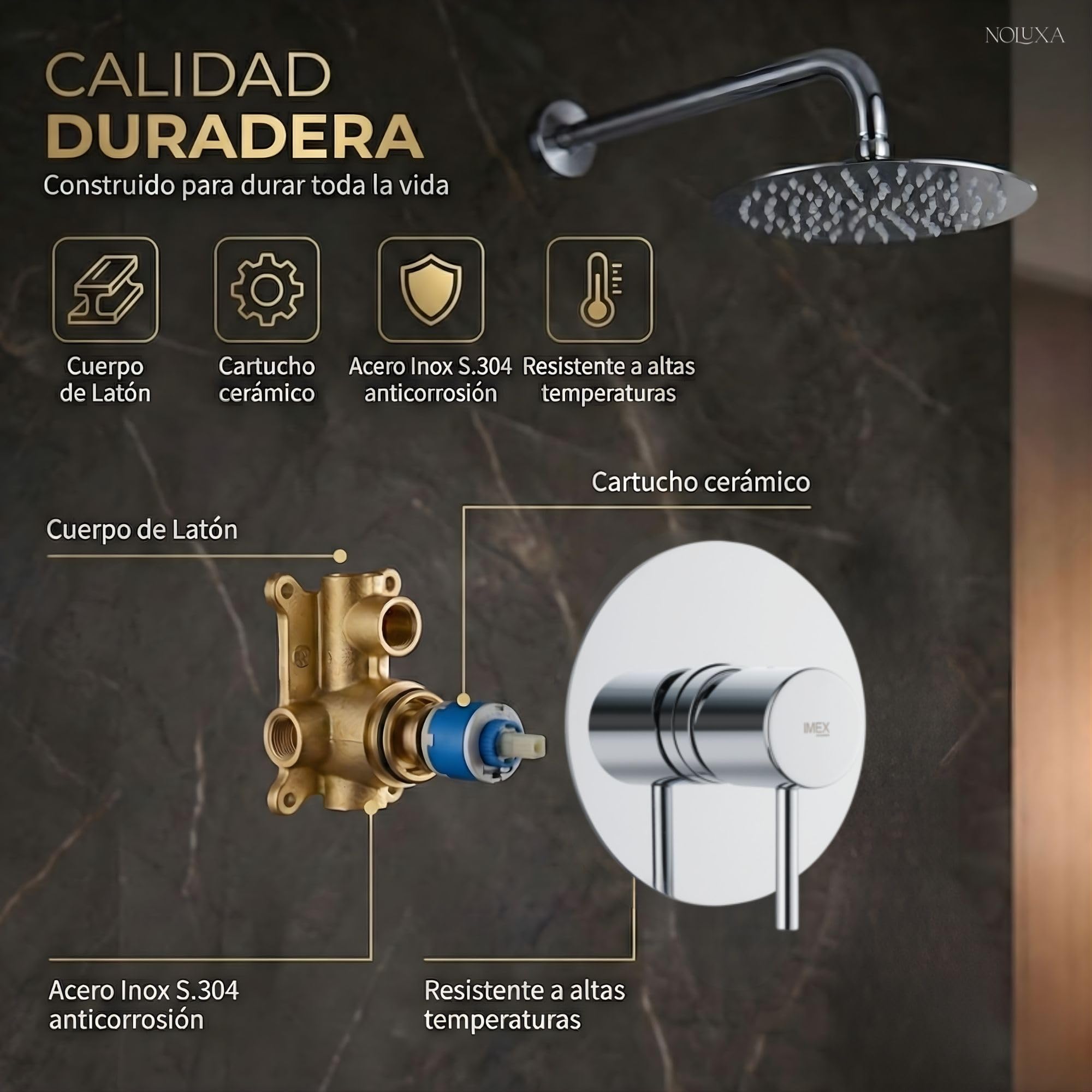 IMEX - Ducha Empotrada Monomando Cromada | Conjunto de Grifería Empotrado con Rociador Antical Efecto Lluvia | Columna Ducha Empotrada con Grifo en Latón y Acero Inox S.304 (SIN ALCACHOFA)