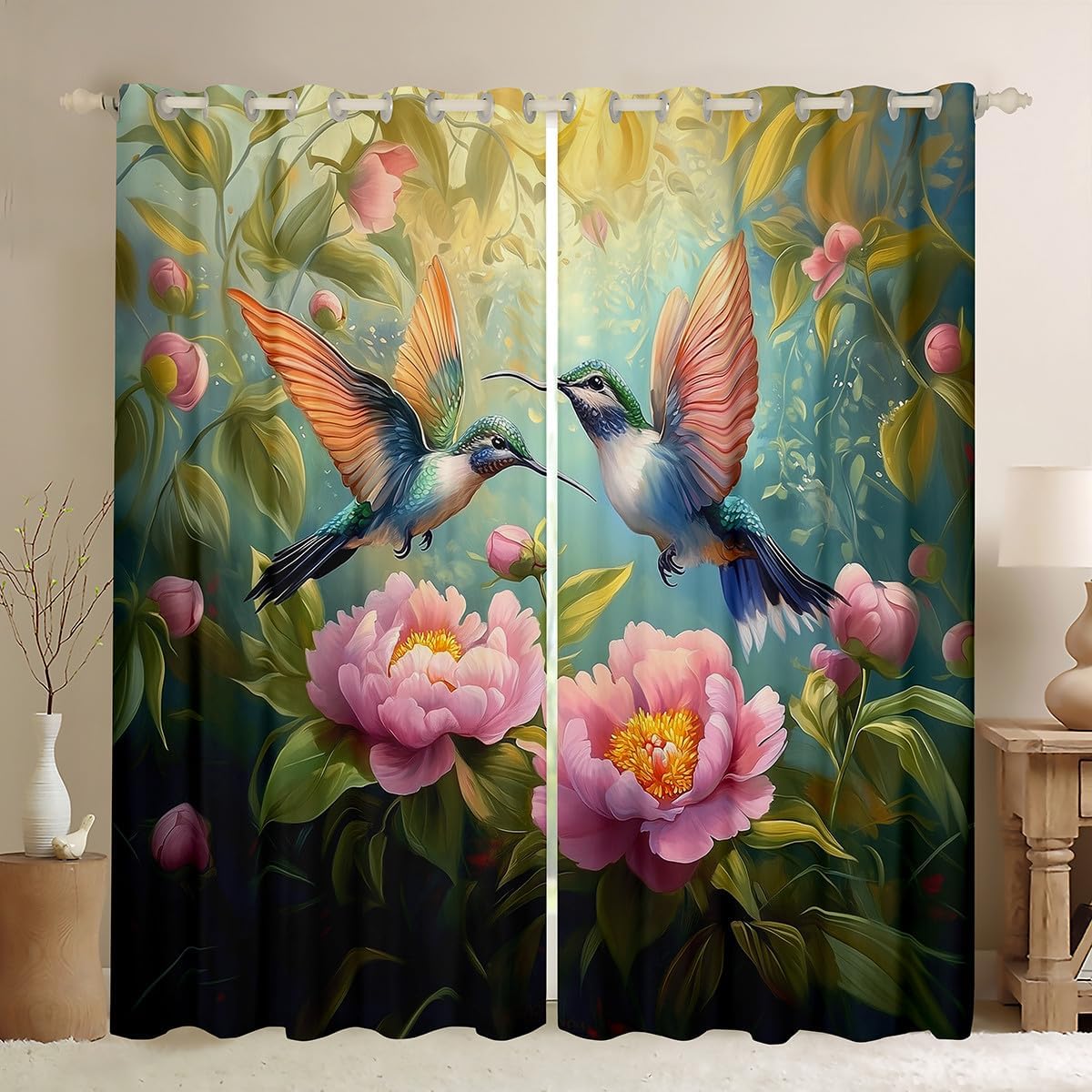 Feelyou Hummingbird Curtains for Bedroom (2 Panels, 38 x 45 Inch) Tropical Birds Blackout Curtain Hummingbird Flowers Darkening Drapes Blossoming Iris Flowers Window Treatments Green