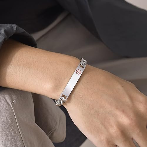 Miniatura 28 de VNOX Pulsera de identificación de alerta médica, pulsera de emergencia de acero inoxidable para hombre y mujer, 7.2/8/8.4 pulgadas *personaliza tu