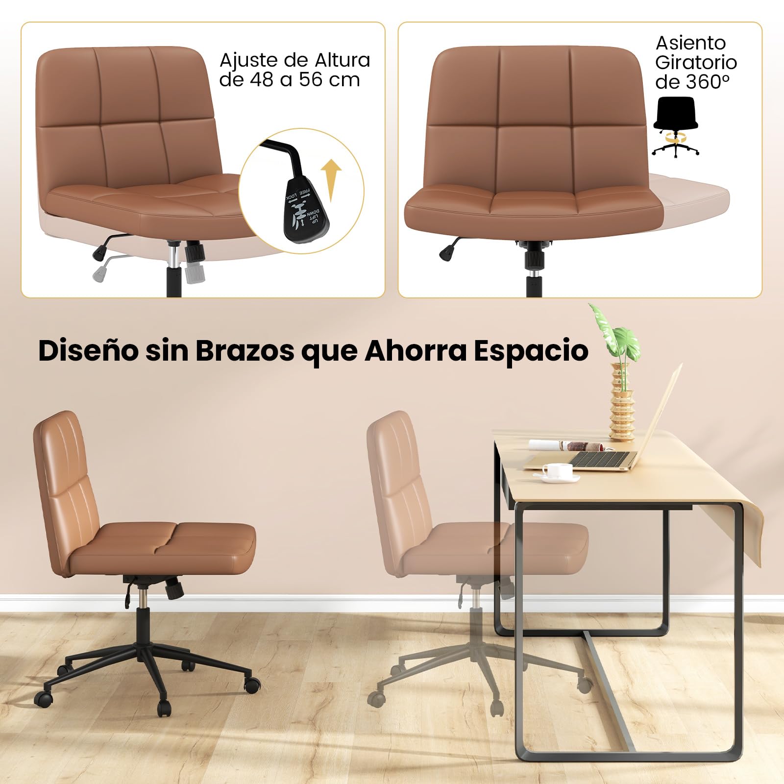 COSTWAY Silla Escritorio sin Brazos, Tapizada de Cuero de PU, Silla Oficina con Ruedas, Inclinable y Altura Ajustable, Silla Tocador Estudio Dormitorio Oficina, 70 x 70 x 79-87 cm (marrón)